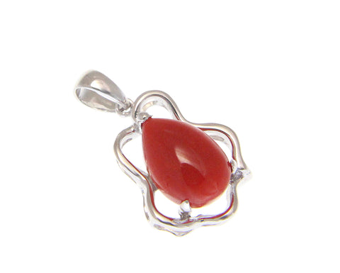 GENUINE NATURAL PEAR SHAPE RED CORAL PENDANT SOLID 14K WHITE GOLD 11.60MM