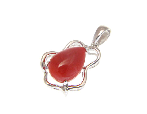 GENUINE NATURAL PEAR SHAPE RED CORAL PENDANT SOLID 14K WHITE GOLD 11.60MM