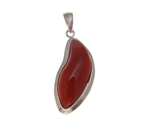 GENUINE NATURAL CABOCHON RED CORAL PENDANT SOLID 14K WHITE GOLD 11MM