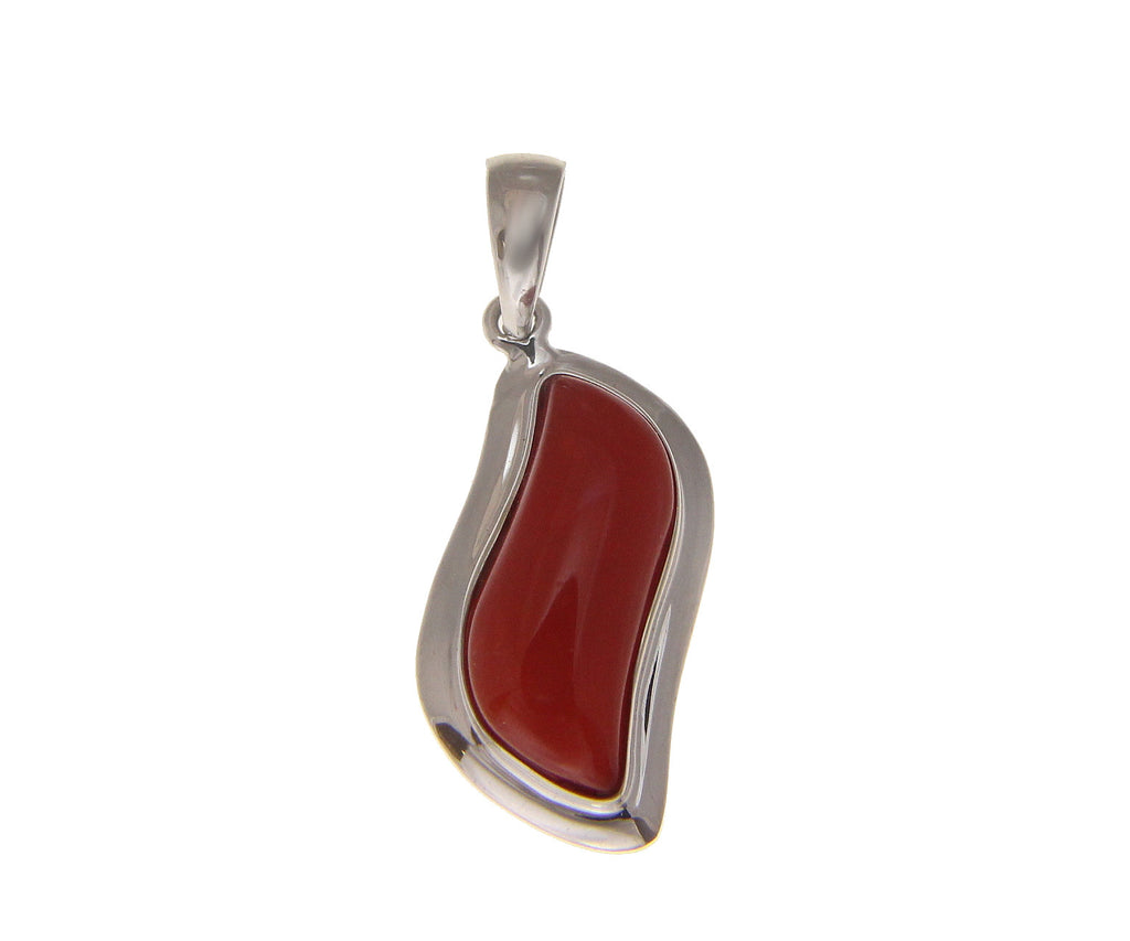 GENUINE NATURAL CABOCHON RED CORAL PENDANT SOLID 14K WHITE GOLD 11.50MM