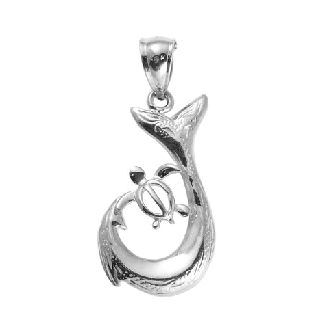 SOLID 14K WHITE GOLD HAWAIIAN SCROLL FISH HOOK HONU TURTLE PENDANT