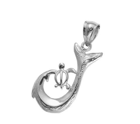 SOLID 14K WHITE GOLD HAWAIIAN SCROLL FISH HOOK HONU TURTLE PENDANT