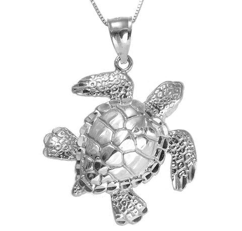 14K WHITE GOLD HAWAIIAN SEA OCEAN TURTLE HONU PENDANT EXTRA SHINY LARGE