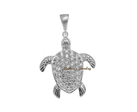SOLID 14K WHITE GOLD SPARKLY HAWAIIAN SEA TURTLE BLING CZ CHARM PENDANT 17.40MM