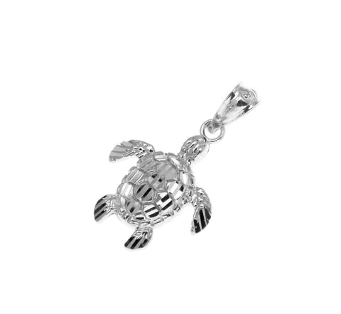 12MM 14K WHITE GOLD SPARKLY DIAMOND CUT HAWAIIAN SEA TURTLE HONU CHARM PENDANT