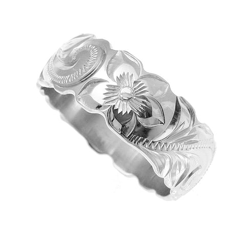 14K WHITE GOLD HAND ENGRAVED HAWAIIAN PLUMERIA SCROLL BAND RING CUT OUT 8MM