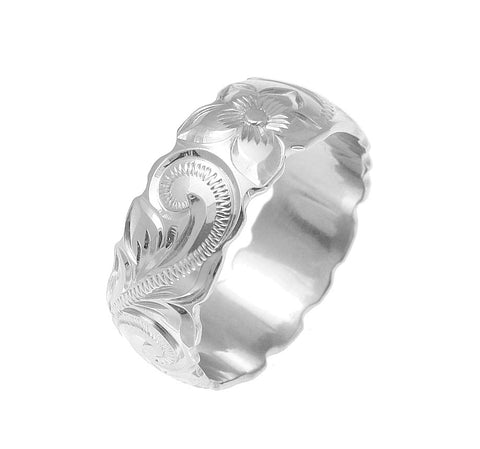 14K WHITE GOLD HAND ENGRAVED HAWAIIAN PLUMERIA SCROLL BAND RING CUT OUT 8MM