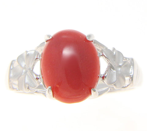 GENUINE CABOCHON NATURAL RED CORAL RING HAWAIIAN PLUMERIA FLOWER 14K WHITE GOLD