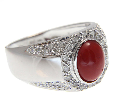 GENUINE NATURAL NOT ENHANCED OVAL RED CORAL DIAMOND RING SOLID 14K WHITE GOLD