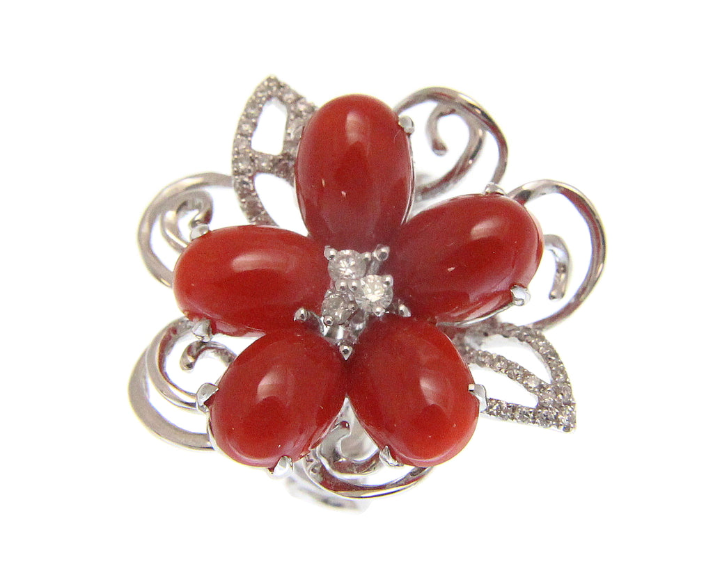 GENUINE NATURAL RED CORAL DIAMOND RING SOLID 18K WHITE GOLD
