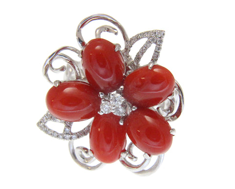GENUINE NATURAL RED CORAL DIAMOND RING SOLID 18K WHITE GOLD