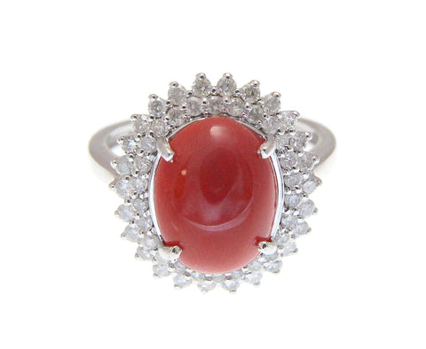 GENUINE NATURAL OVAL CABOCHON RED CORAL DIAMOND RING SOLID 14K WHITE GOLD