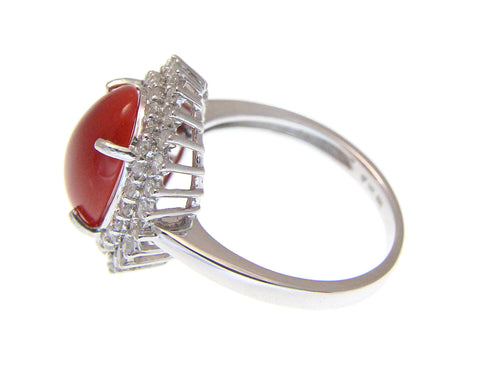 GENUINE NATURAL OVAL CABOCHON RED CORAL DIAMOND RING SOLID 14K WHITE GOLD