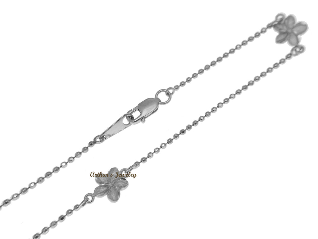SOLID 14K WHITE GOLD 2 SIDED HAWAIIAN PLUMERIA DIAMOND CUT BEAD CHAIN ANKLET 9"