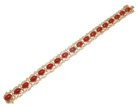 GENUINE NATURAL CABOCHON RED CORAL DIAMOND BRACELET 14K YELLOW GOLD 6 5/8 INCH