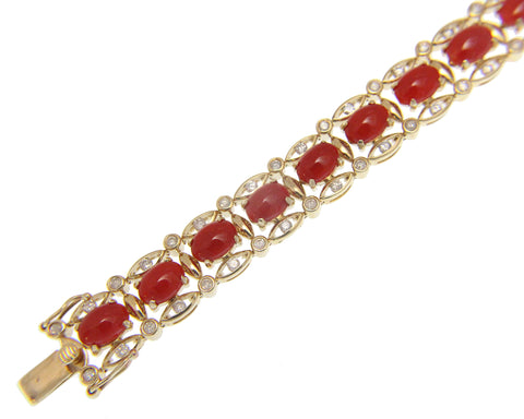 GENUINE NATURAL CABOCHON RED CORAL DIAMOND BRACELET 14K YELLOW GOLD 6 5/8 INCH