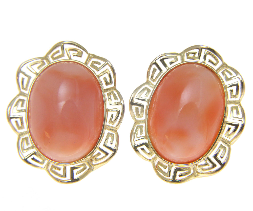GENUINE NATURAL PINK CORAL EARRINGS GREEK WAVE OMEGA FRENCH POST 14K YELLOW GOLD