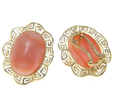 GENUINE NATURAL PINK CORAL EARRINGS GREEK WAVE OMEGA FRENCH POST 14K YELLOW GOLD