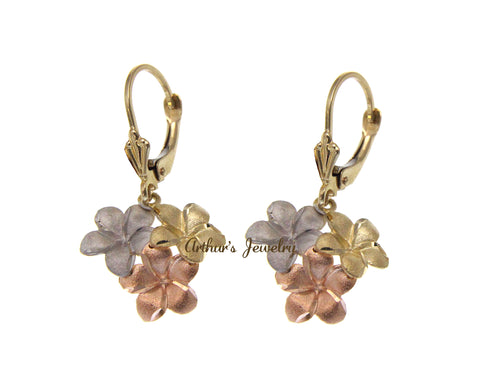 SOLID 14K YELLOW PINK WHITE TRICOLOR GOLD HAWAIIAN PLUMERIA LEVERBACK EARRINGS