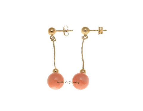 GENUINE PINK CORAL BALL DANGLE EARRINGS SOLID 14K YELLOW GOLD 7.3MM