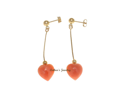 GENUINE PINK CORAL HEART DANGLE EARRINGS SOLID 14K YELLOW GOLD 10MM