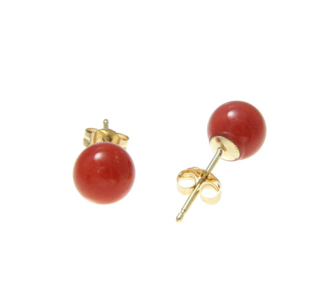 GENUINE NATURAL NOT ENHANCED RED CORAL BALL STUD EARRINGS 14K YELLOW GOLD 5.8MM