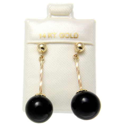GENUINE NATURAL BLACK CORAL 10MM BALL DANGLE POST EARRINGS 14K YELLOW GOLD