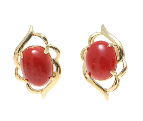 GENUINE NATURAL OVAL CABOCHON RED CORAL EARRINGS SOLID 14K YELLOW GOLD