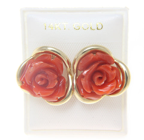 GENUINE NATURAL RED CORAL CARVED FLOWER STUD POST EARRINGS SOLID 14K YELLOW GOLD