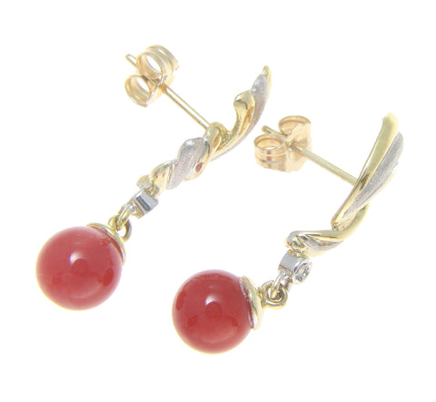 GENUINE NATURAL RED CORAL BALL DIAMOND DANGLE EARRINGS 14K YELLOW WHITE GOLD