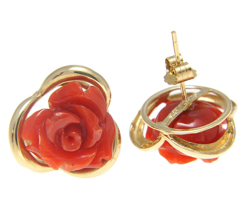 GENUINE NATURAL RED CORAL CARVED FLOWER STUD POST EARRINGS SOLID 14K YELLOW GOLD