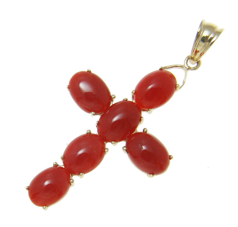 GENUINE NATURAL NOT ENHANCED OVAL RED CORAL PENDANT CROSS 14K YELLOW GOLD 19MM