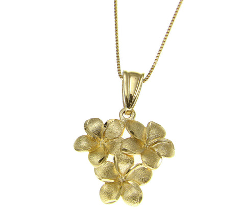 SOLID 14K YELLOW GOLD 9MM HAWAIIAN PLUMERIA FLOWER CLUSTER PENDANT