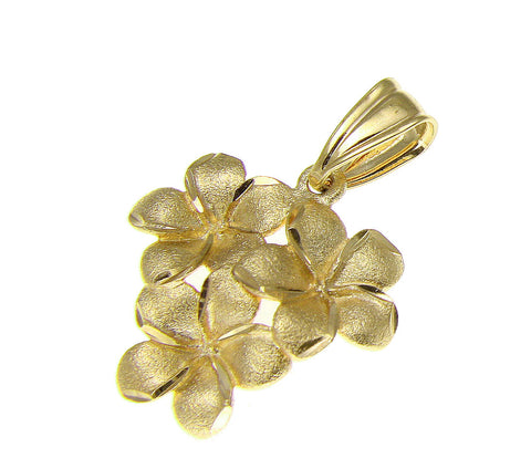 SOLID 14K YELLOW GOLD 9MM HAWAIIAN PLUMERIA FLOWER CLUSTER PENDANT