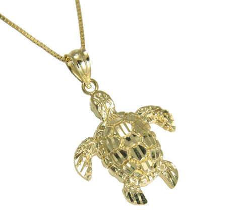 14K SOLID YELLOW GOLD SPARKLY DIAMOND CUT HAWAIIAN SEA TURTLE HONU PENDANT MED.