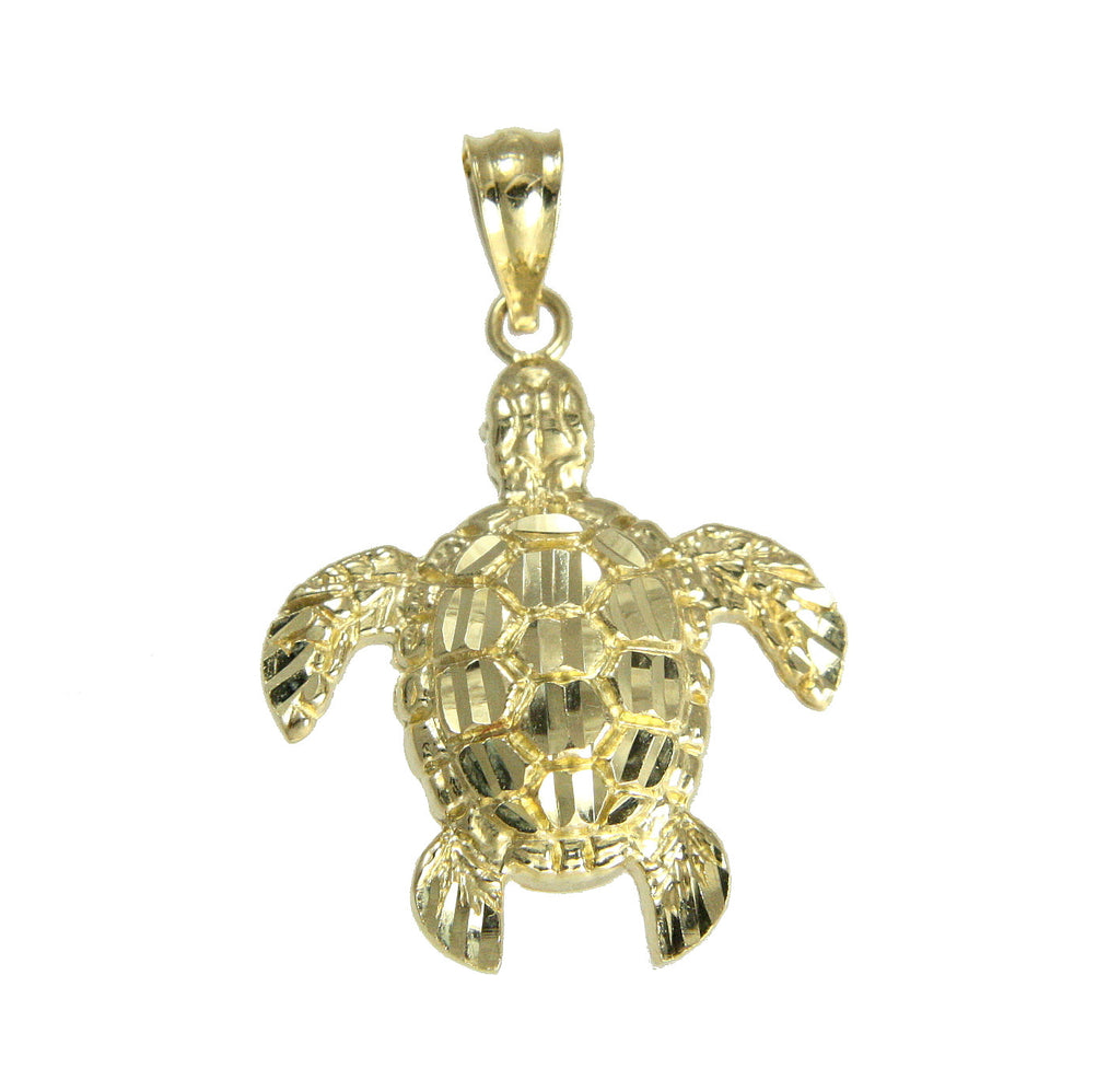 14K SOLID YELLOW GOLD SPARKLY DIAMOND CUT HAWAIIAN SEA TURTLE HONU PENDANT MED.