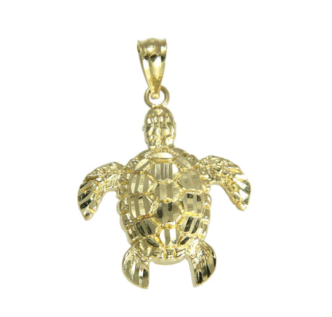 14K SOLID YELLOW GOLD SPARKLY DIAMOND CUT HAWAIIAN SEA TURTLE HONU PENDANT MED.