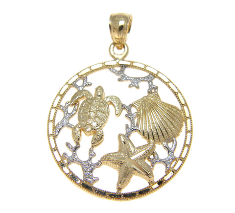 SOLID 14K YELLOW WHITE GOLD HAWAIIAN TURTLE STARFISH SHELL PENDENT DIAMOND CUT
