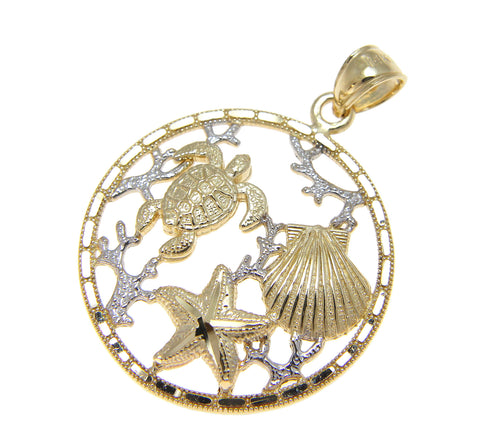 SOLID 14K YELLOW WHITE GOLD HAWAIIAN TURTLE STARFISH SHELL PENDENT DIAMOND CUT