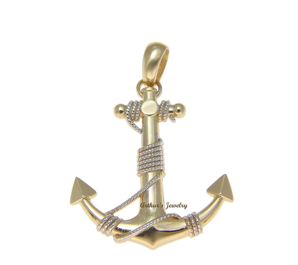 SOLID 14K YELLOW GOLD HAWAIIAN ANCHOR WHITE GOLD ROPE CHARM PENDANT 23.80MM