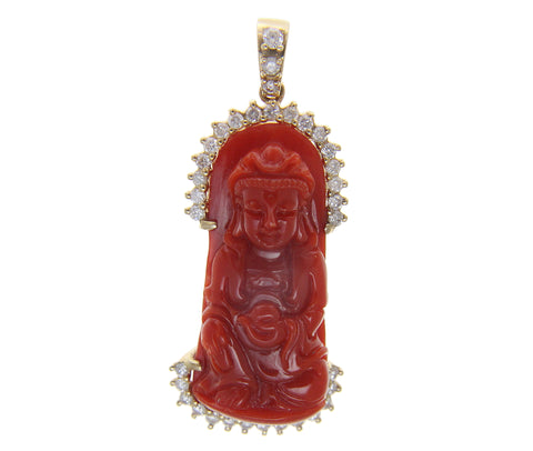 GENUINE NATURAL RED CORAL DIAMOND KWAN YIN PENDANT SOLID 14K YELLOW GOLD