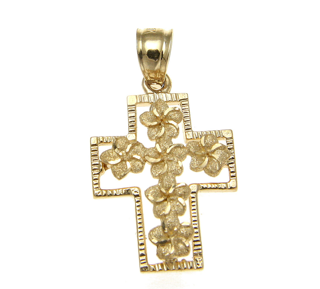 SOLID 14K YELLOW GOLD HAWAIIAN PLUMERIA FLOWER CROSS PENDANT 14.40MM
