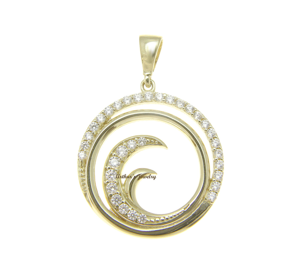SOLID 14K YELLOW GOLD HAWAIIAN OCEAN WAVE CIRCLE CHARM BLING CZ PENDANT 18.30MM