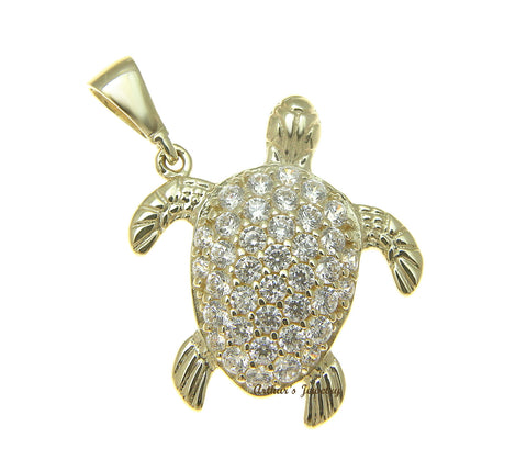 SOLID 14K YELLOW GOLD SPARKLY HAWAIIAN SEA TURTLE BLING CZ CHARM PENDANT