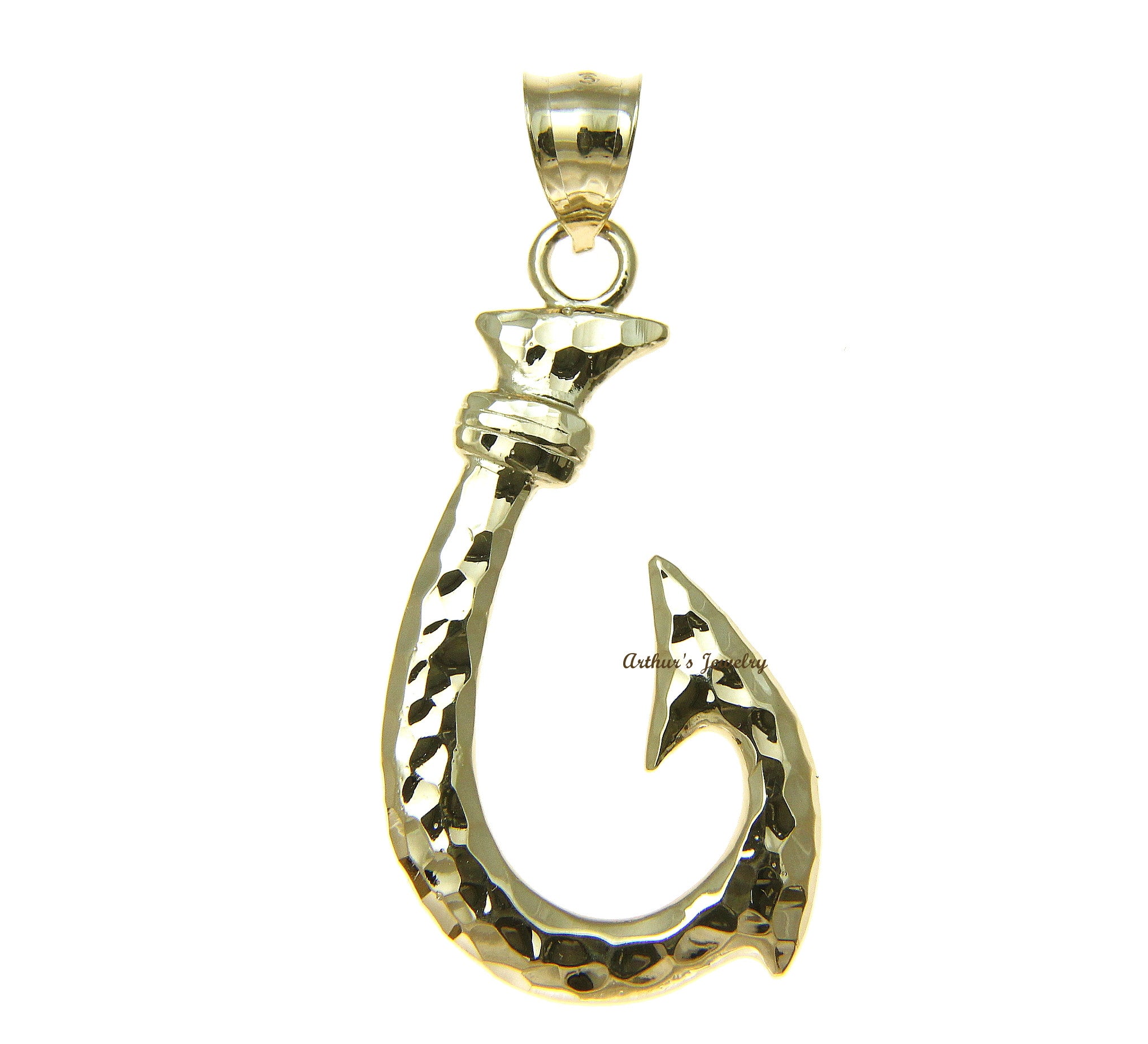 SOLID 14K YELLOW GOLD 2 SIDED HAWAIIAN FISH HOOK PENDANT SMOOTH DIAMON –  Arthur's Jewelry