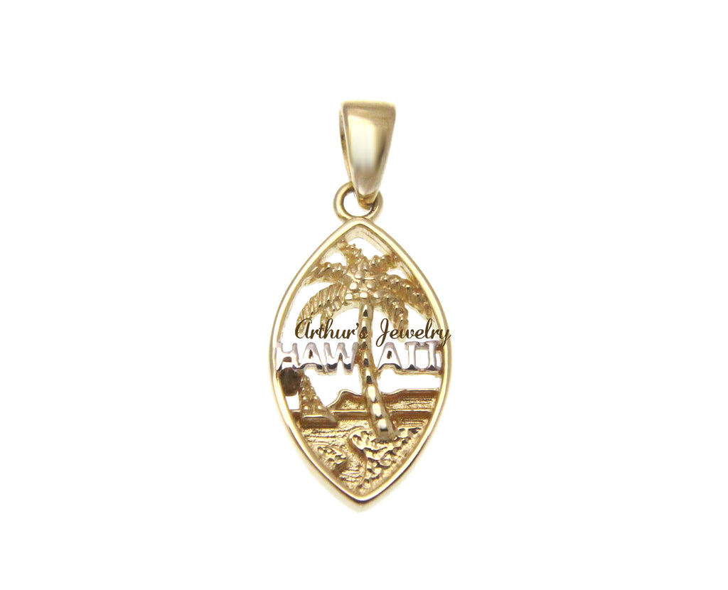 14K WHITE GOLD HAWAII YELLOW GOLD HAWAIIAN PALM TREE MOUNTAIN OCEAN PENDANT