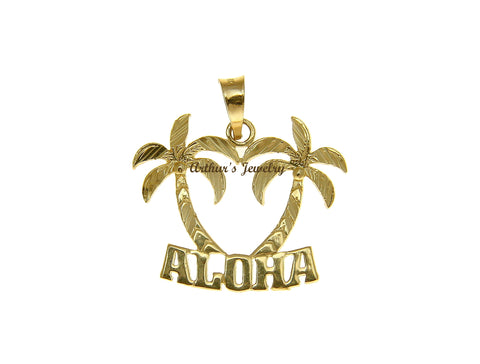 SOLID 14K YELLOW GOLD SMOOTH DIAMOND CUT HAWAIIAN PALM TREE "ALOHA" PENDANT