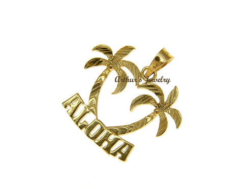 SOLID 14K YELLOW GOLD SMOOTH DIAMOND CUT HAWAIIAN PALM TREE "ALOHA" PENDANT