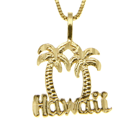 14K SOLID YELLOW GOLD DIAMOND CUT HAWAIIAN PALM TREE HAWAII CHARM PENDANT
