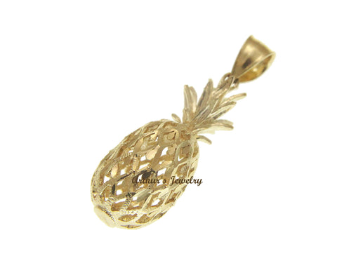 SOLID 14K YELLOW GOLD 3D HAWAIIAN DIAMOND CUT PINEAPPLE CHARM PENDANT 11.4MM